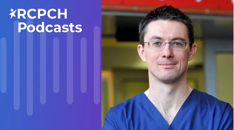 RCPCH Podcasts with waveform, and photo of Professor Damian Roland outside emergency department
