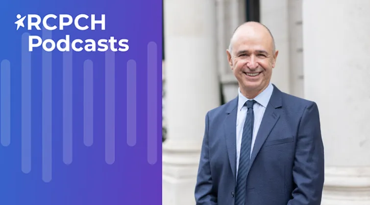 RCPCH Podcasts - Dr Peter Lachman RCPCH Podcasts with waveform, and photo of Dr Peter Lachman