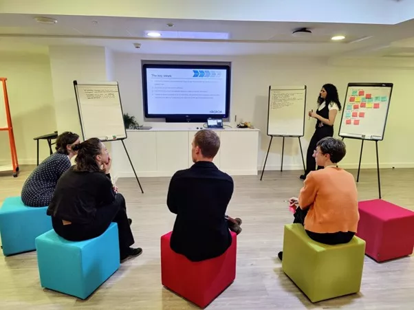 A photos of the Clean Air Fund Partnership team in their Theory of Change session in the colleges collaboration room 