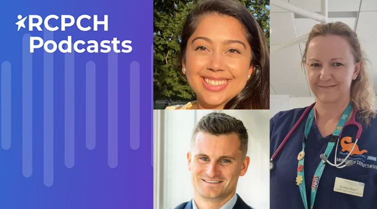RCPCH Podcasts with waveform, and photos of Dr Mimi Malhotra, Dr Cian Wade and Dr Helen Stewart