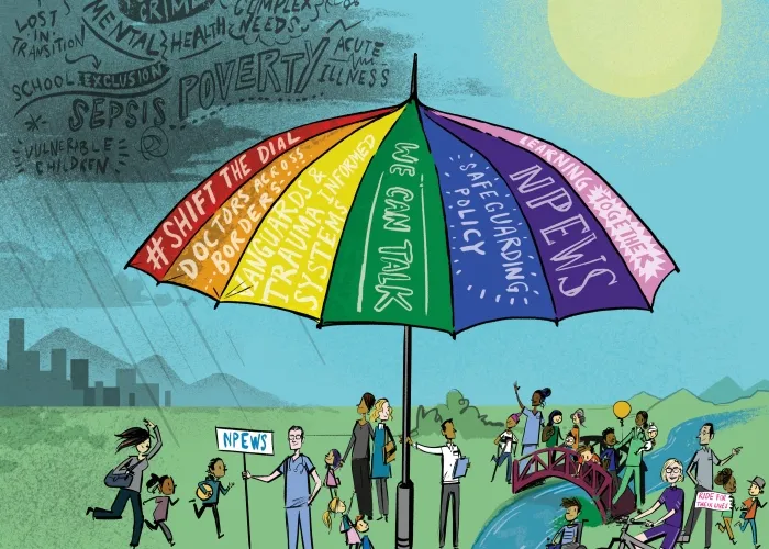Detail from the front cover of Milestones magazine - an illustration of a park, one side of the sky is gloomy, the other side with sun, a large colourful umbrella, and people underneath