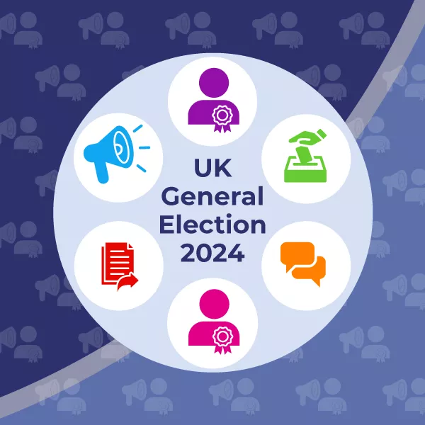 UK General Election 2024 - Icons of candidate, ballot box, speech bubbles, document and megaphone | Background has repeatedicons of person and megaphone | 