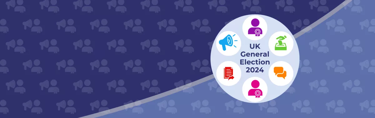 UK General Election 2024 - Icons of candidate, ballot box, speech bubbles, document and megaphone | Background has repeatedicons of person and megaphone | 