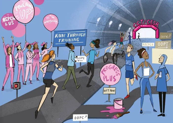 Illustration: People running along a track to a finish line with CCT and CESR / Along the way are women in ping cheering, with balloons for RCPCH &Us and Powering Up, a sign for Progress Plus, other directional signs including Run Through Training