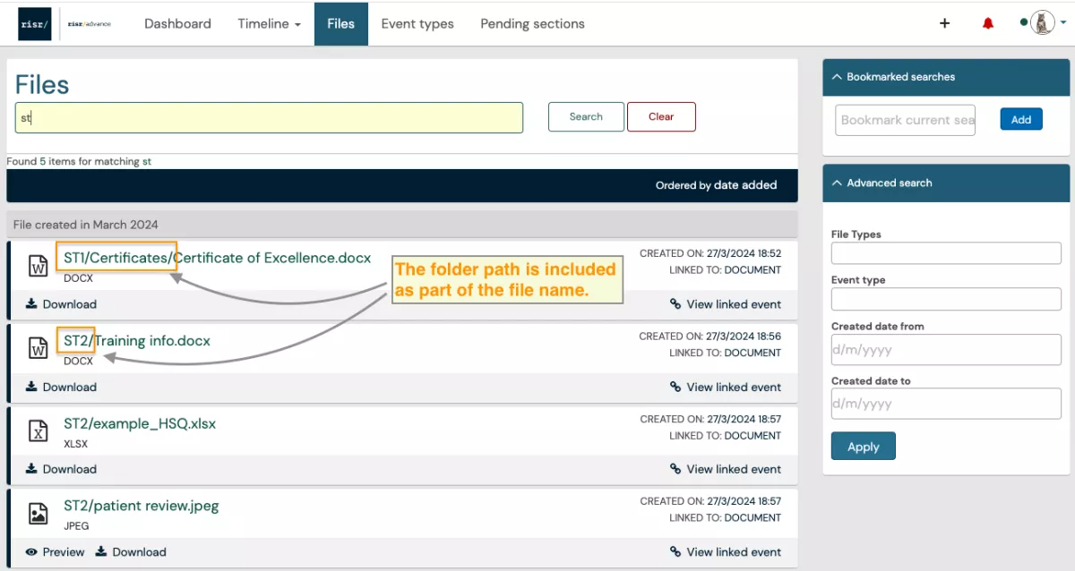 Screenshot of the new files area on ePortfolio replacing document library