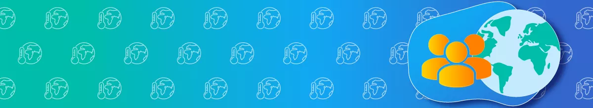 Main graphic is a globe with people; background has repeated icons of globe with thermometer 