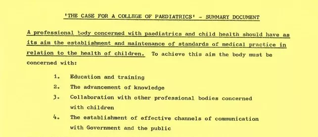 Section of summary document on 'The Case for a College of Paediatrics'