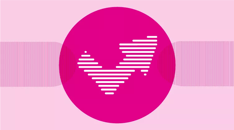 Icon of an arrow going down then up, in a magenta circle