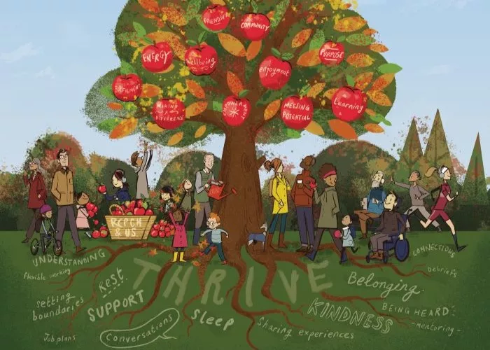 Illustration: Apple tree outside with people surrounding