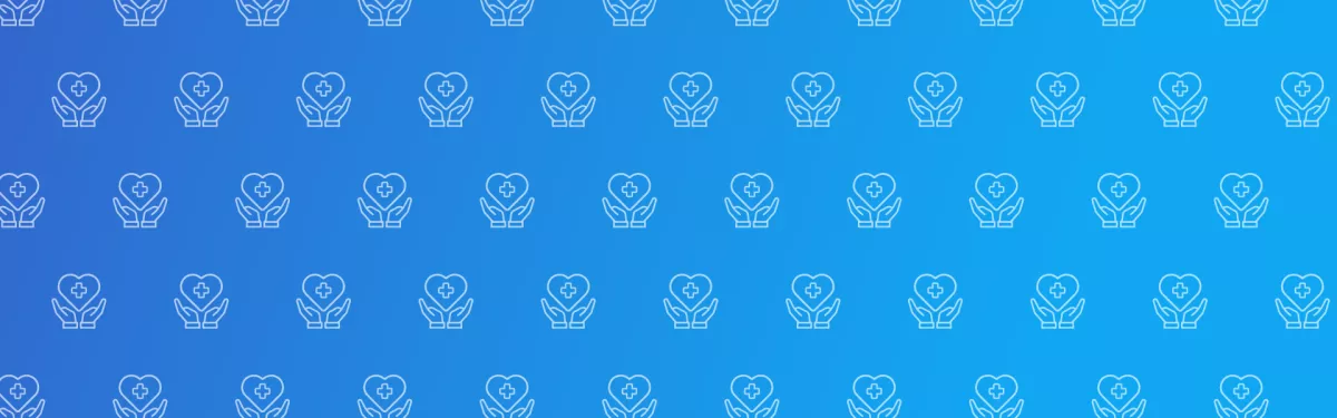 Repeated icon of hands holding heart with a medical cross inside