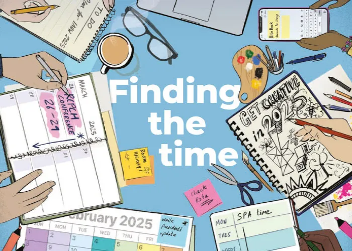 Illustration: Paper calendars and diaries, with hands, paint palette, glasses, coffee, and word, 'Finding the time'