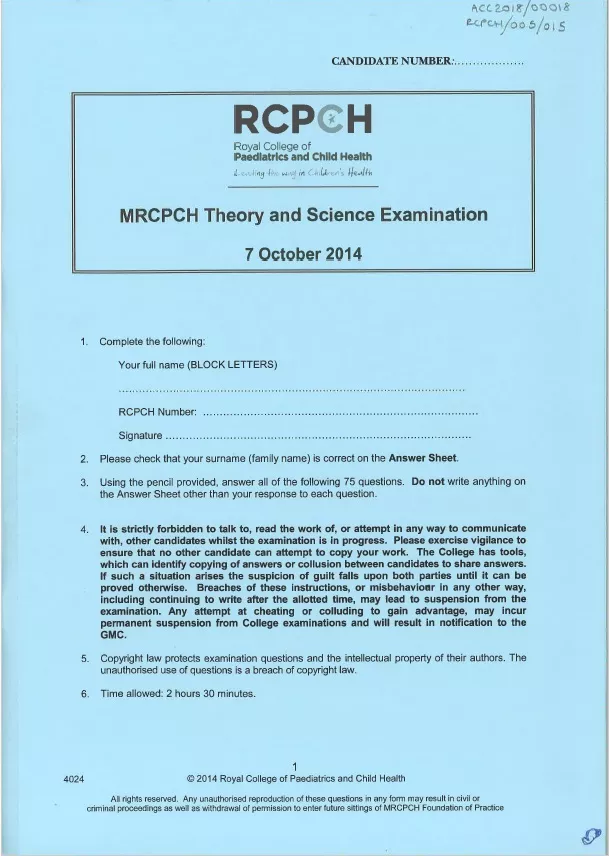 MRCPCH Theory and Science Exam paper, 2014