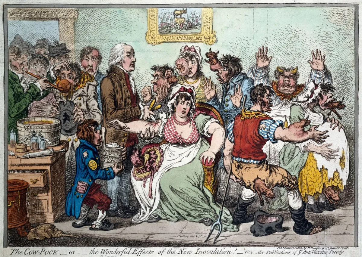 A painting called The Cow Pock or The Wonderful Effects of the New Inoculation, by J Gilray. The painting depicts Edward Jenner inoculating a woman, while previous recipients appear to have cow heads growing out of various parts of their bodies.
