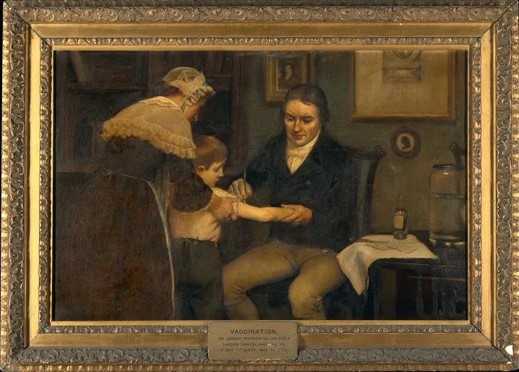 A painting showing Edward Jenner inoculating James Phipps against Smallpox, by Earnest Board,
