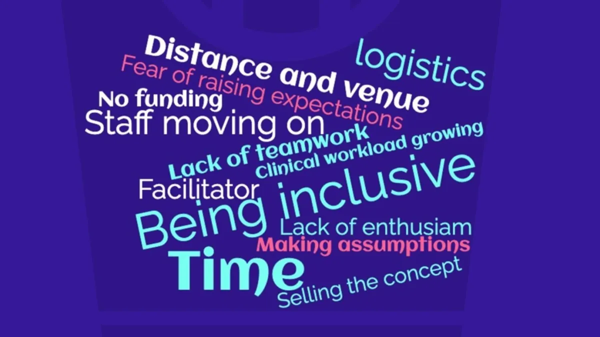 Purple word cloud with the following words: logistics, distance and venue, fear of raising expectations, no funding, staff moving on, lack of teamwork, clinical workload growing, facilitator, being inclusive, lack of enthusiasm, making assumptions, time, selling the concept