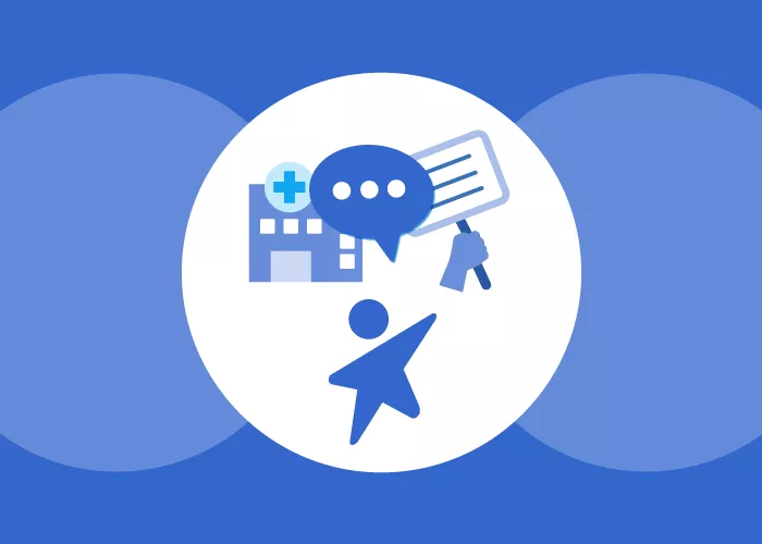 Dynamic child icon with hospital, speech bubble and hand holding a placard