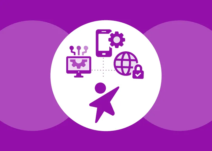 Dynamic child icon with computer network, mobile phone, connected globe and padlock