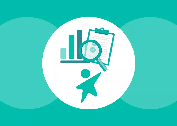 Dynamic child icon with bar graph and document with magnifying glass