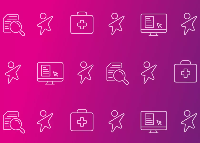 Icons: dynamic child, medical case, document with magnifying glass, computer with document and cursor