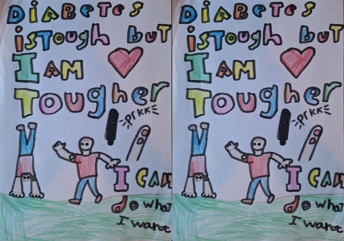Illustration: Reads 'Diabetes is tough but I am tougher!' with two children playing, a finger that's been pricked 