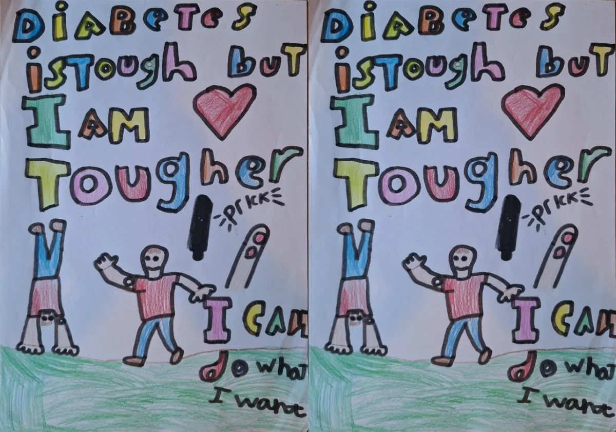 Illustration: Reads 'Diabetes is tough but I am tougher!' with two children playing, a finger that's been pricked 
