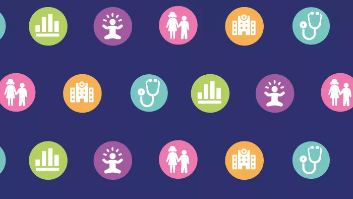 Repeated icons: bar chart; stethoscope; baby; hospital; parent and child