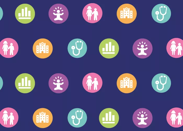 Repeated icons: bar chart; stethoscope; baby; hospital; parent and child