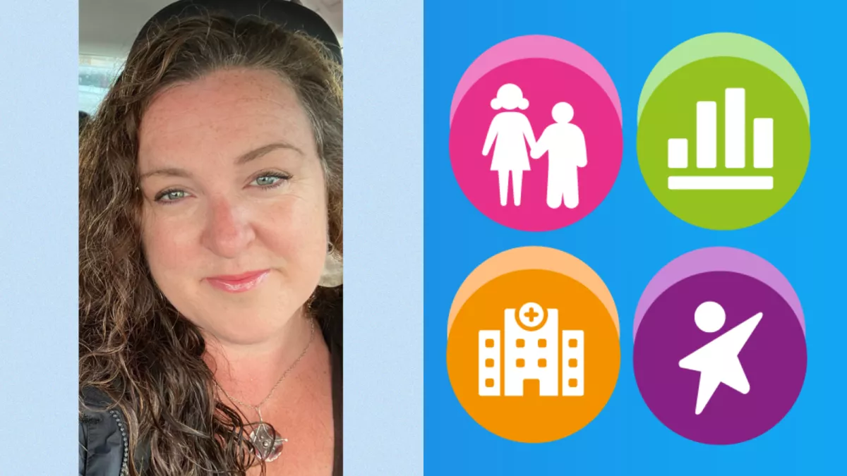 Photo of Dr Lizzy Nickerson next to RCPCH logos of a hospital, a child, a bar chart and a woman and child.