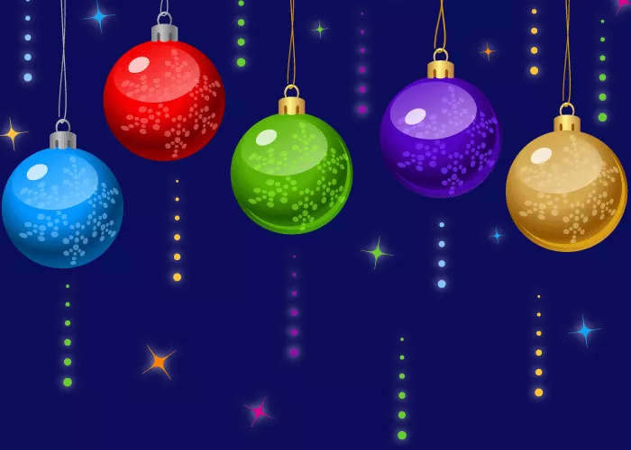 Baubles hanging down, with snowflakes