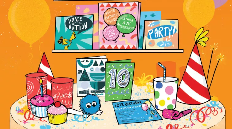 Illustration: Birthday party table, including cards with '10' and 'Party!, hats, cupcakes, on a colourful background with balloons