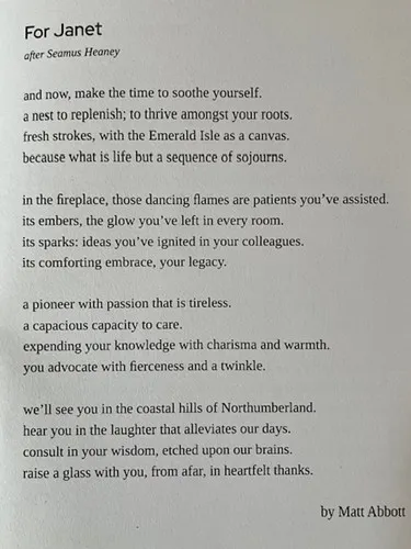 Poem: For Janet - after Seamus Heaney - by Matt Abbott