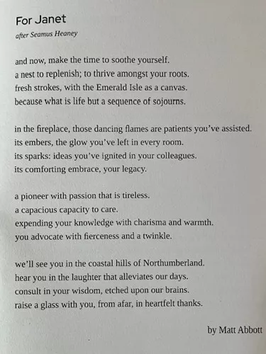 Poem: For Janet - after Seamus Heaney - by Matt Abbott