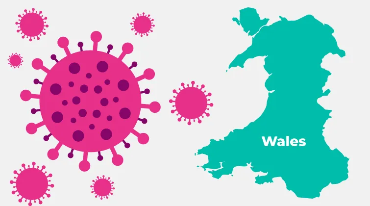 Graphic of the flu virus, with outline map of Wales