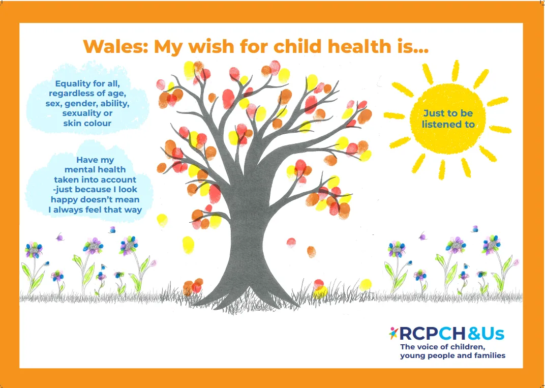 Poster with tree and son, with text reading: Wales: My wish for child health is... "Equality for all, regardless of age, sex, gender, ability, sexuality or skin colour"; "Have my mental health taken into account - just because I look happy doesn't mean I feel that way", "Just to be listened to" - RCPCH &Us, the voice of children and young families 