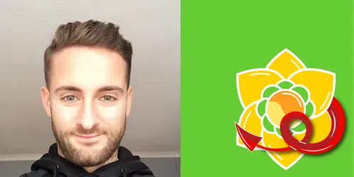 Photo of Alex Aubrey, with graphic of daffodil head and dragon tail