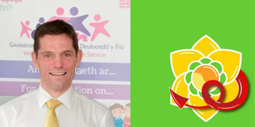 Photo of David Tutill, with graphic of daffodil head and dragon tail