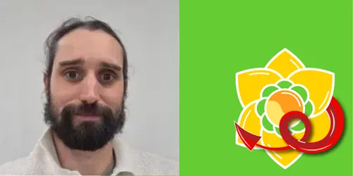 Photo of Matthew Spencer, with graphic of daffodil head and dragon tail