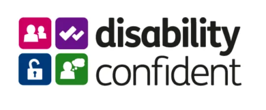 Logo: Four graphics showing people, ticks, lock and person speaking, plus text "Disability Confident"