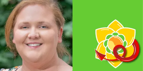Photo of Jo Goodwin, with graphic of daffodil and dragon's tail