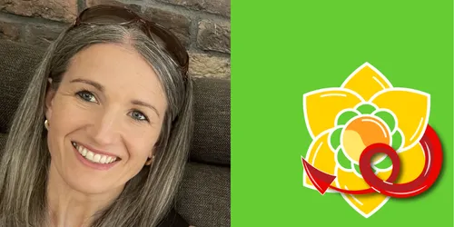 Photo of Kathryn Bowen, plus graphic of daffodil and dragon tail