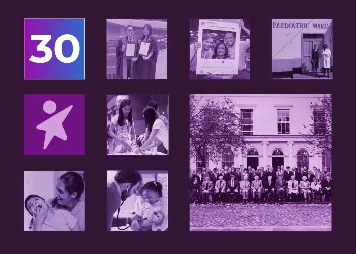 Montage of photos from RCPCH and paediatrics over the past 30 years, with 30 in boxes