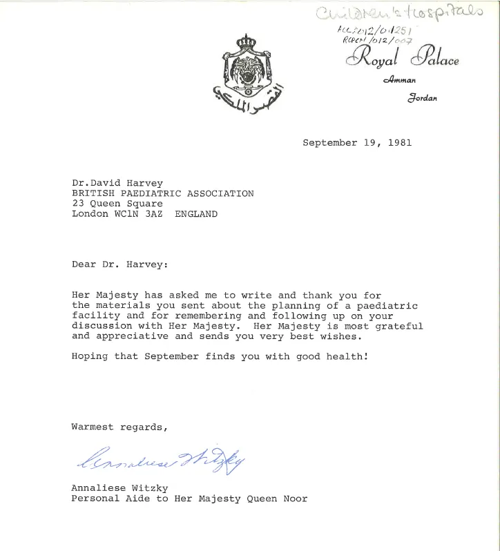 Queen Noor's letter to David Harvey