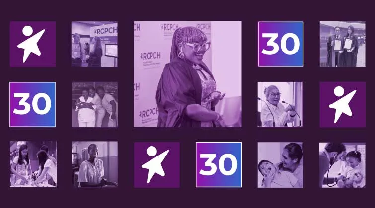 Montage of photos from RCPCH and paediatrics over the past 30 years, with 30 in boxes