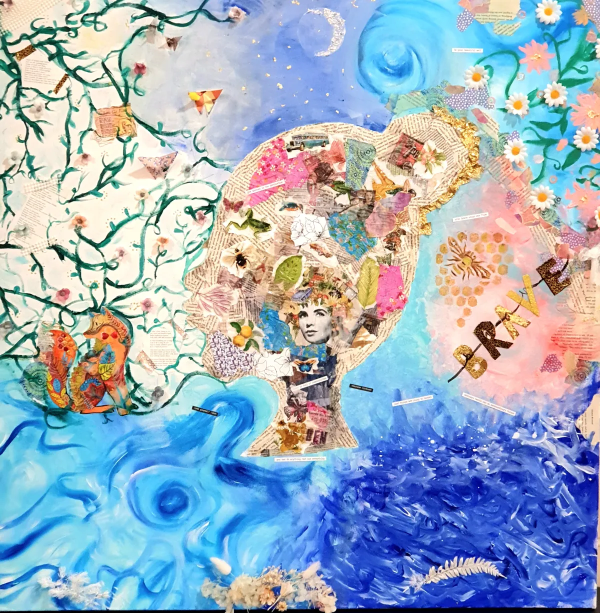 Collage artwork made with newspaper, foil and paitn: girl's profile, fox, tree and flowers, and the word BRAVE