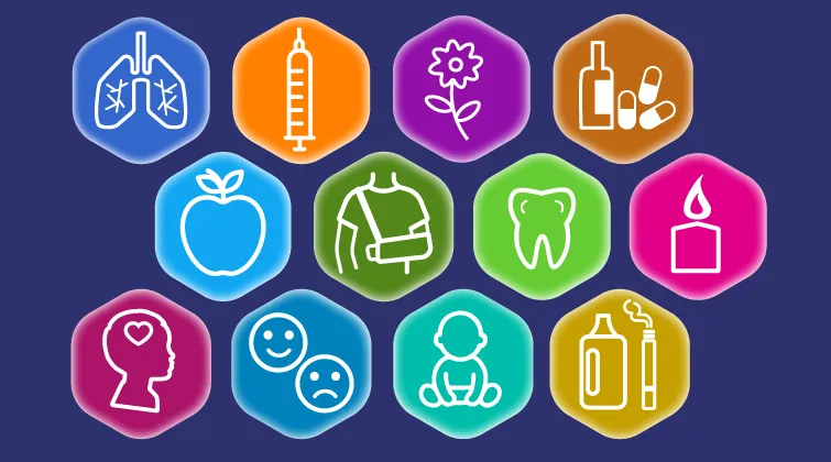 Icons: dynamic child, medical case, document with magnifying glass, computer with document and cursor