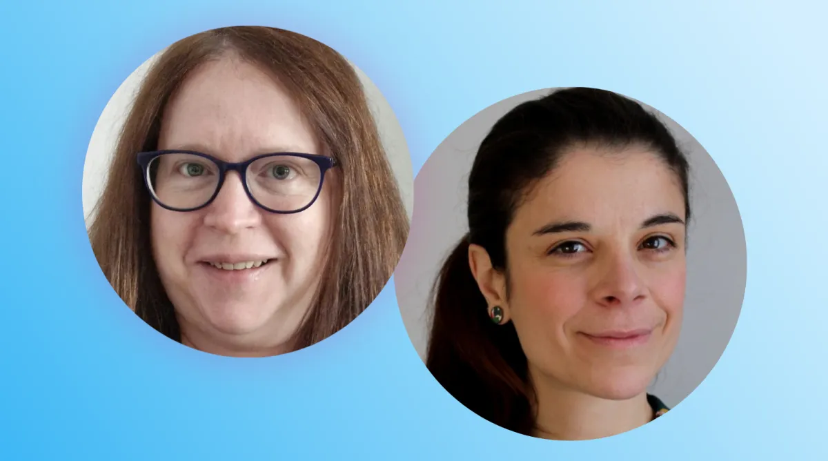 Vicky Sleap and Sylvia Stoianova in circle frames on blue background