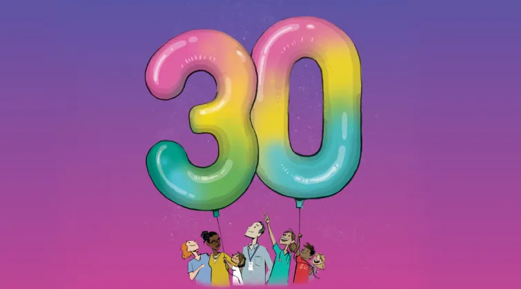 Illustration: Balloons shaped as 30, with people holding them up