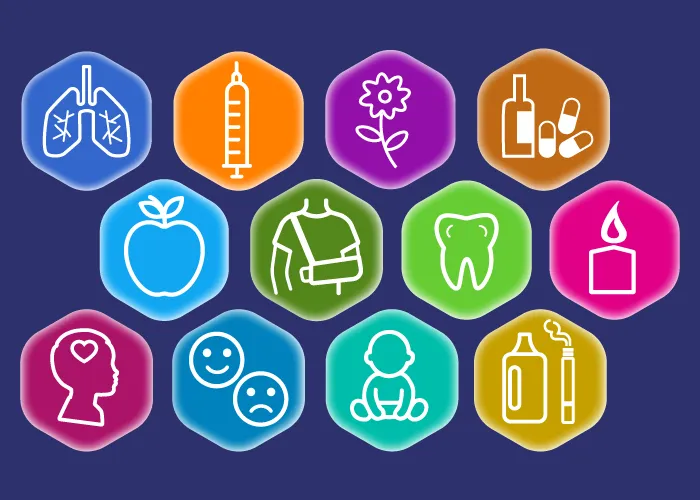 Icons: dynamic child, medical case, document with magnifying glass, computer with document and cursor