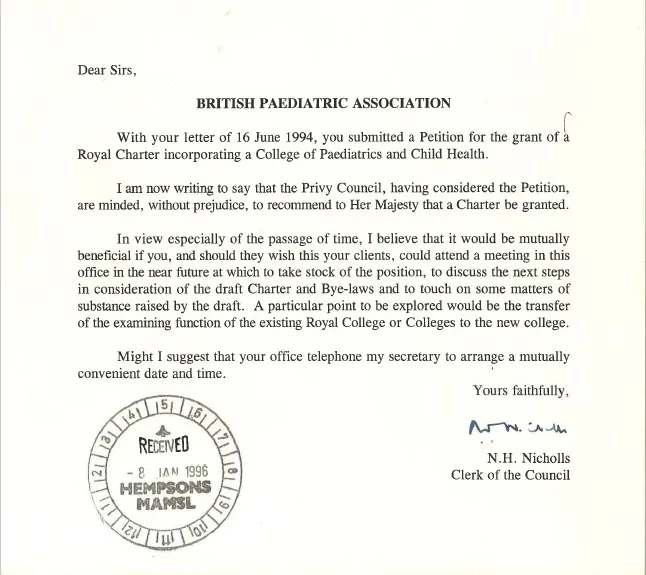 Letter from Privy Council recommending a charter is granted