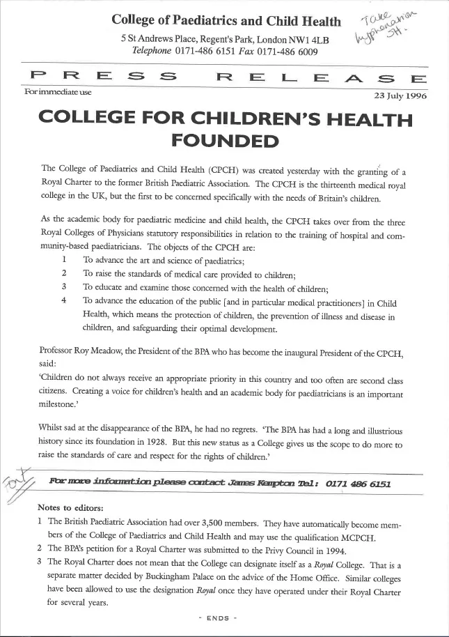 Press release for College of Child Health, 23rd July 1996